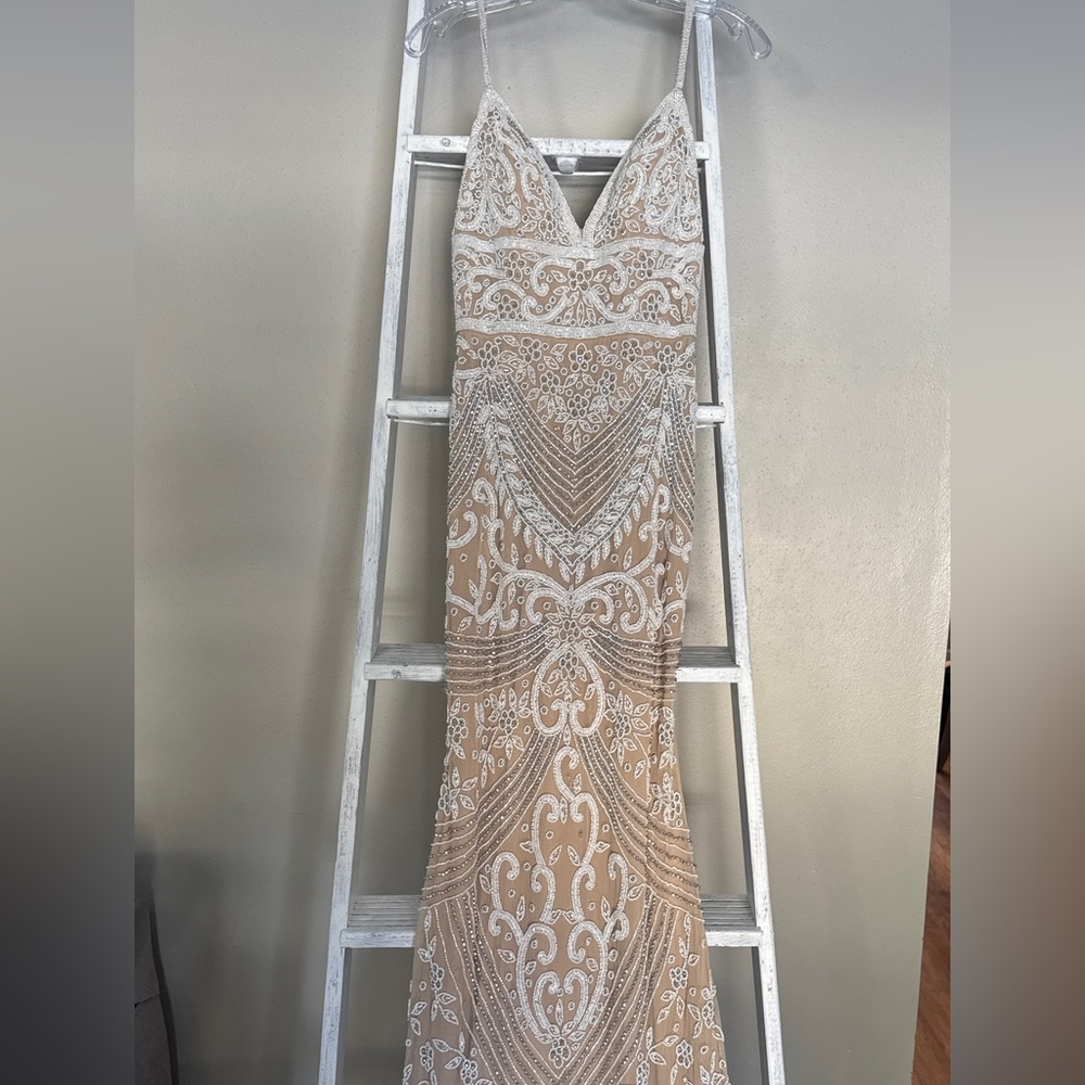 Jovani Beige and White Maxi Dress